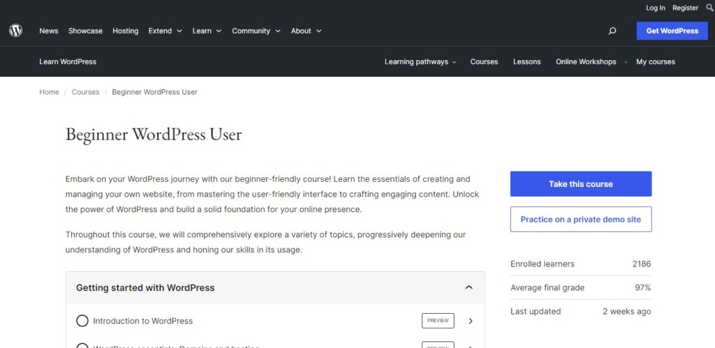 Screenshot of a course introduction on the WordPress learning resource.